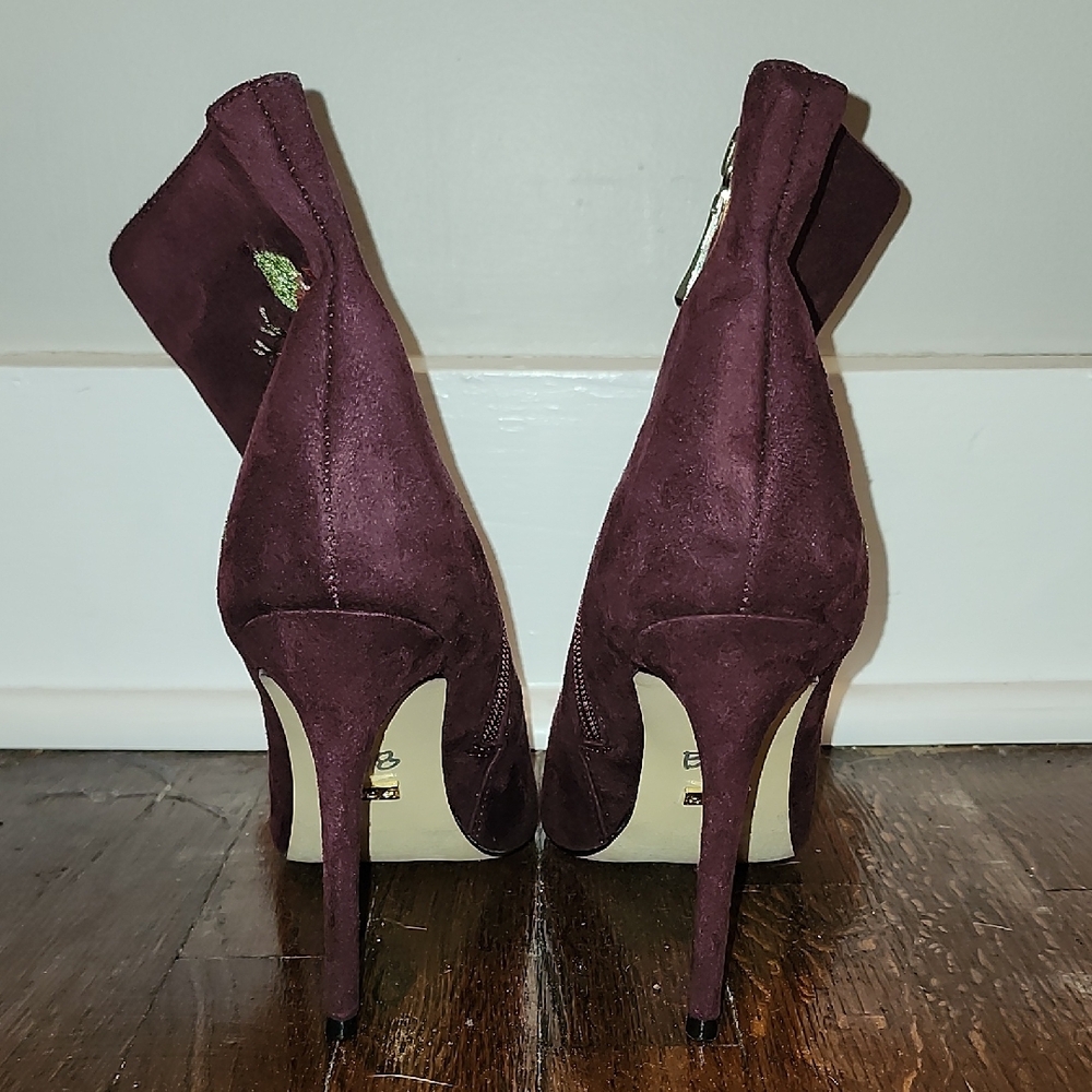 Bebe Delonix Gorgeous Eggplant Heeled Boots with Floral Embroidery - Picture 9 of 9
